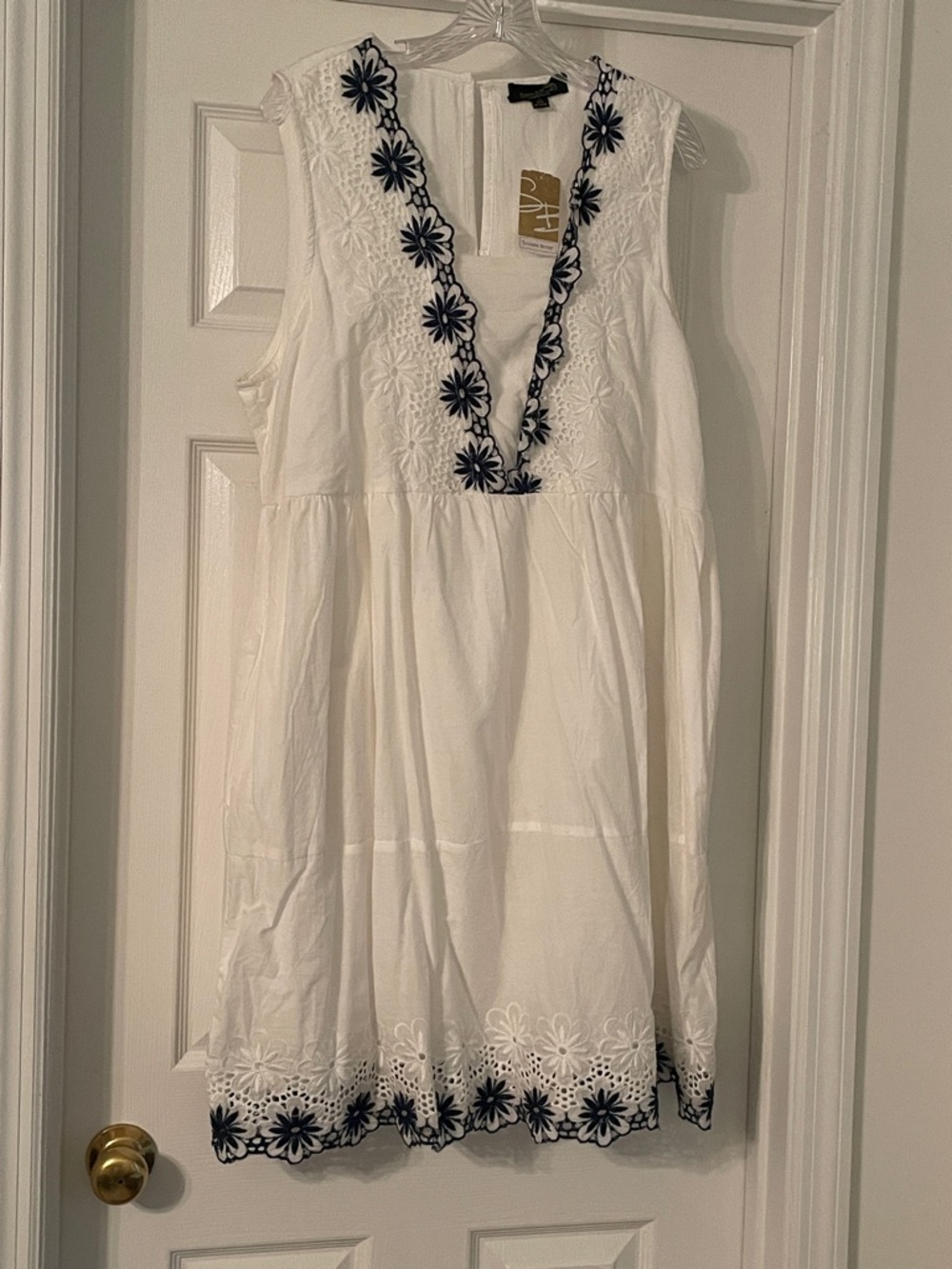 Suzanne Betro White Mini Dress with Navy Floral Trim